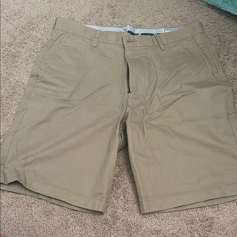 Tan Flat Front Shorts with Straight-Leg Cut